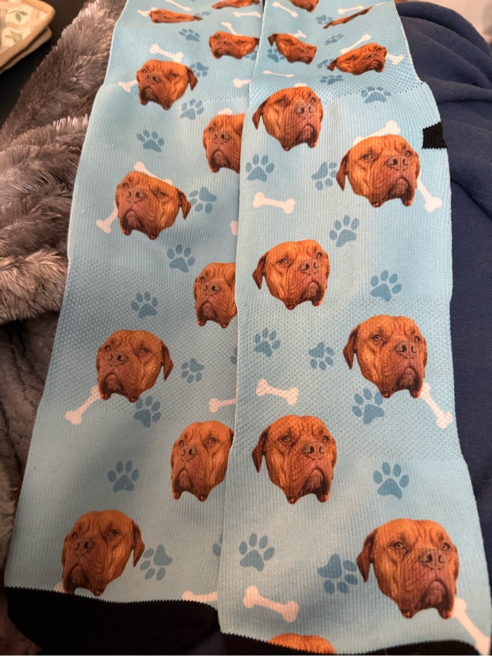 Light Blue Dog Face Crew Socks with Bone & Paw Print